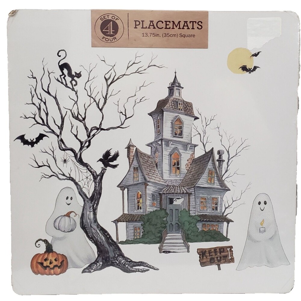 Set of 4 Hard Square Placemats w/cork back (14"x14") HALLOWEEN HAUNTED HOUSE, BM